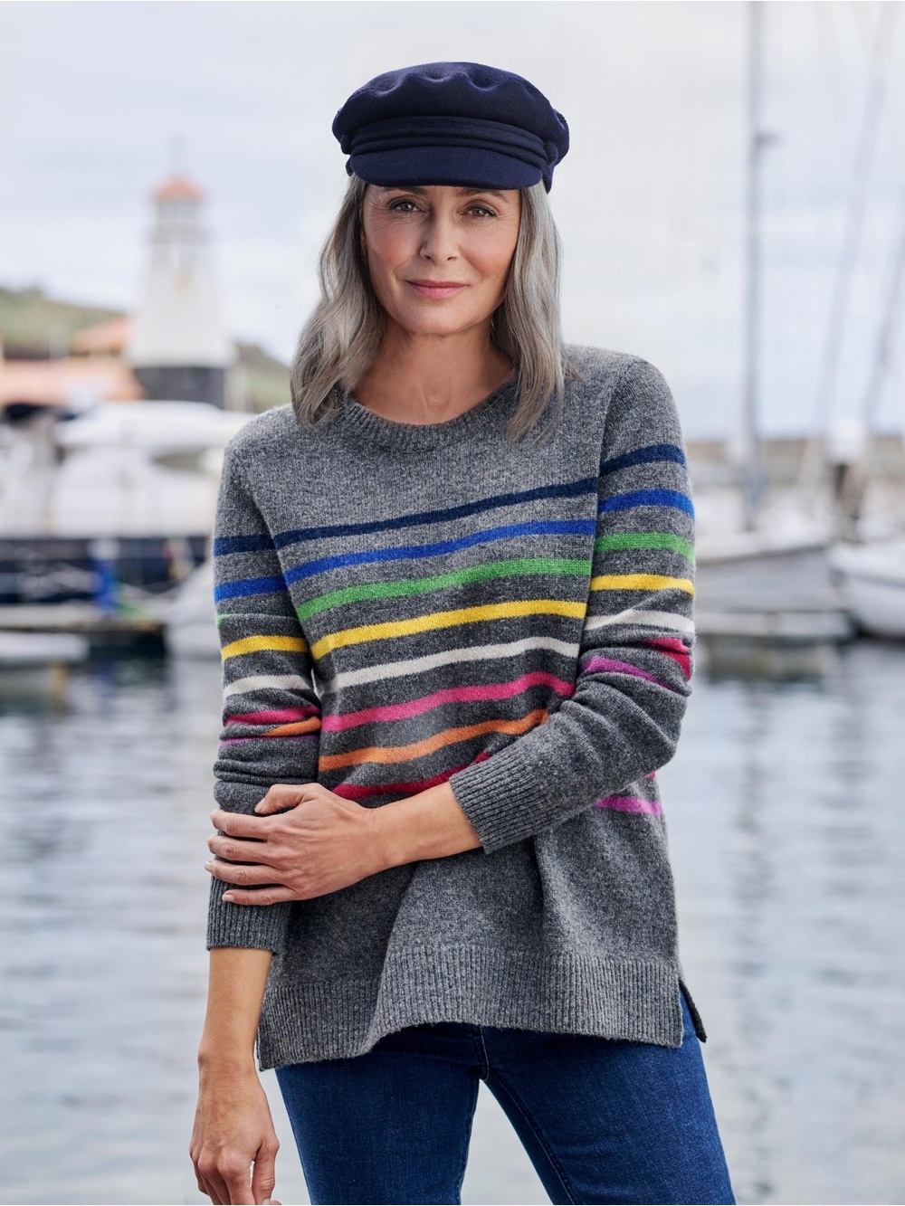WoolOvers Rainbow Stripe Lambswool Sweater Sz L Grey Multicolor